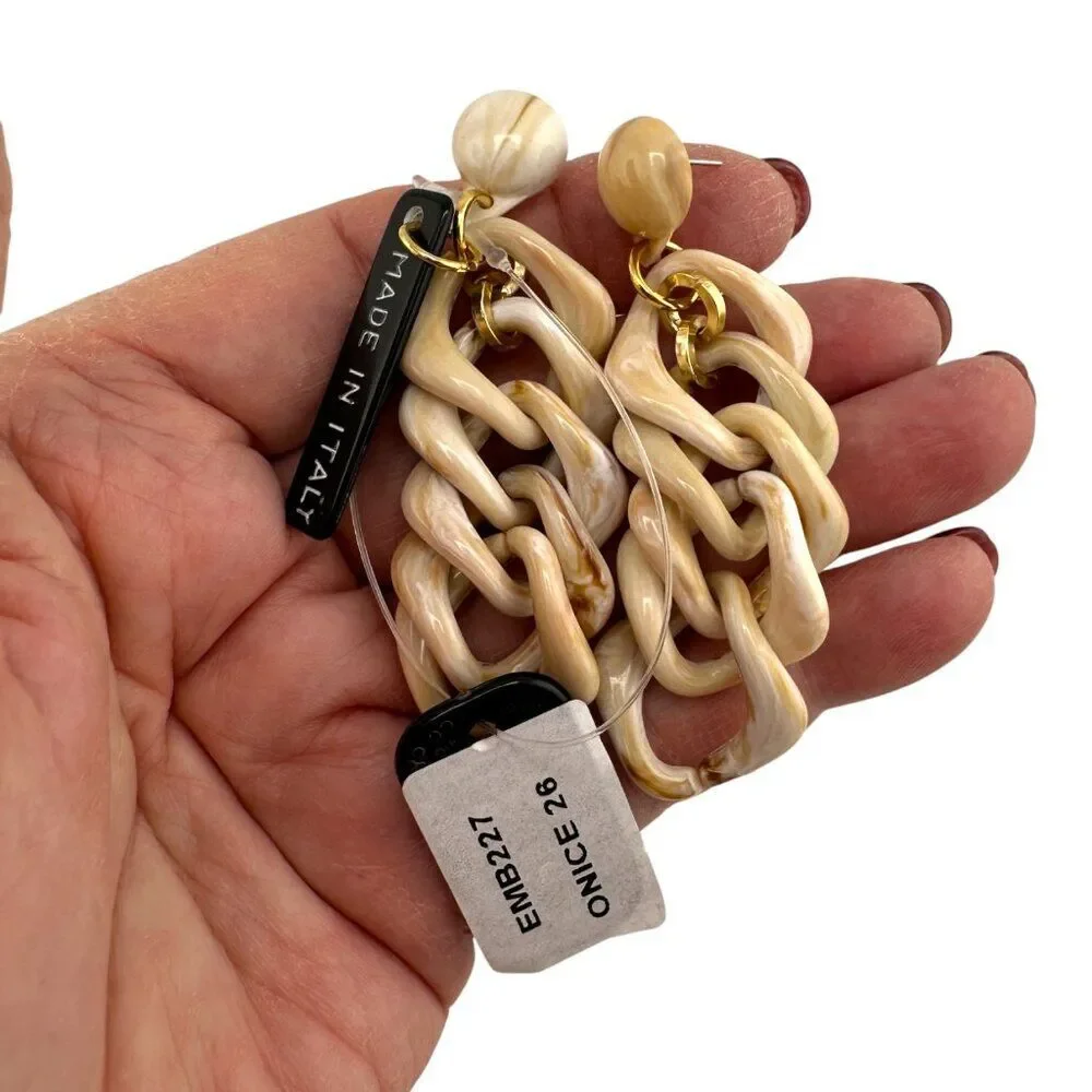 Alisha D Chunky Chain Earrings Made Italy Beige Marble Acrylic Gold Tone